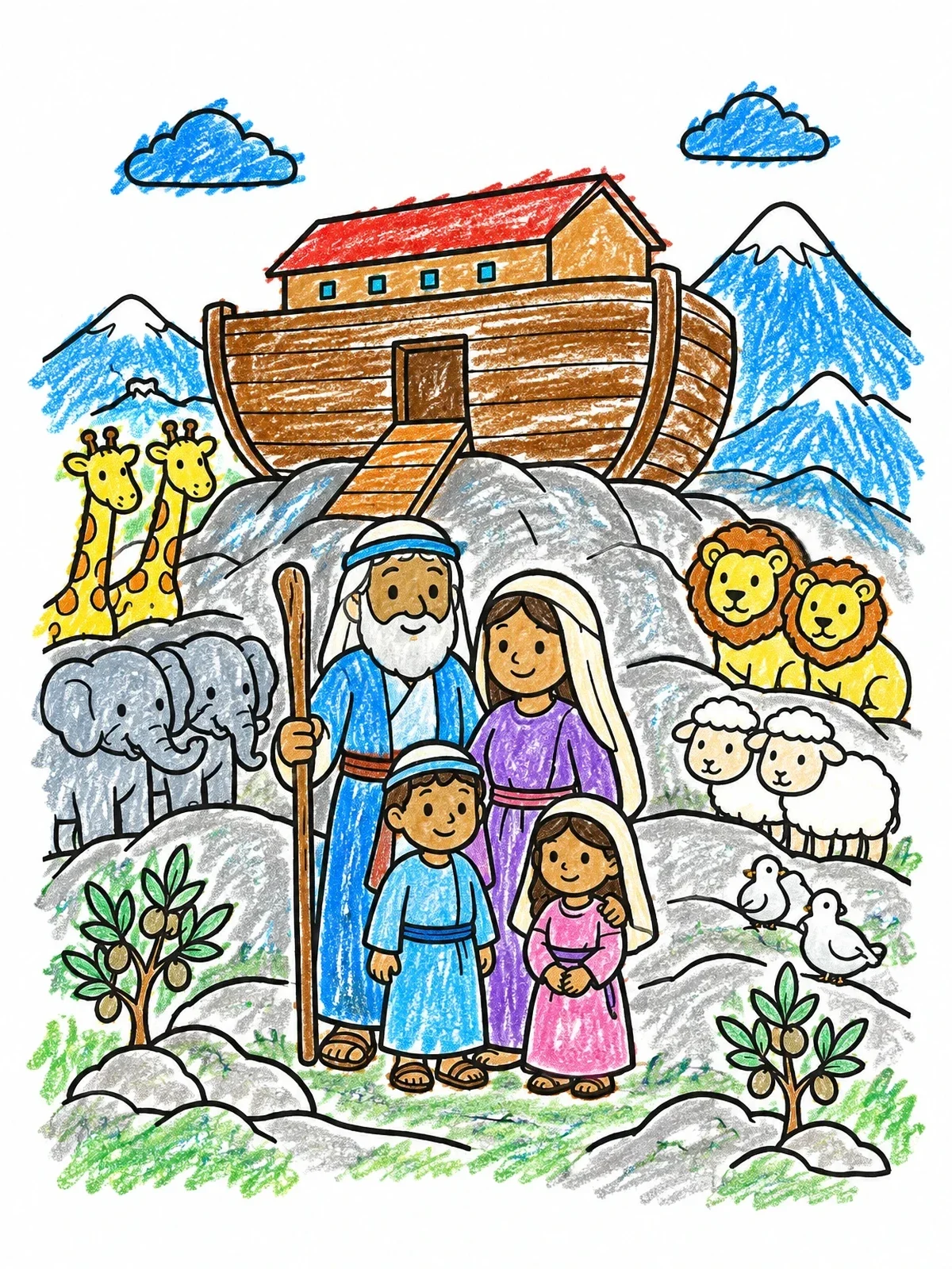 Colored example of the Noah And Family Beside The Ark coloring page