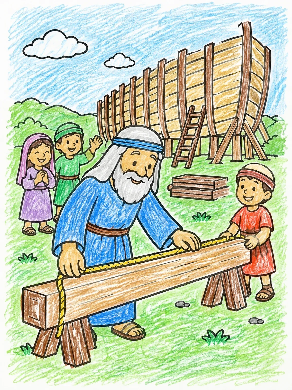 Colored example of the Noah Measuring Wood For The Ark coloring page