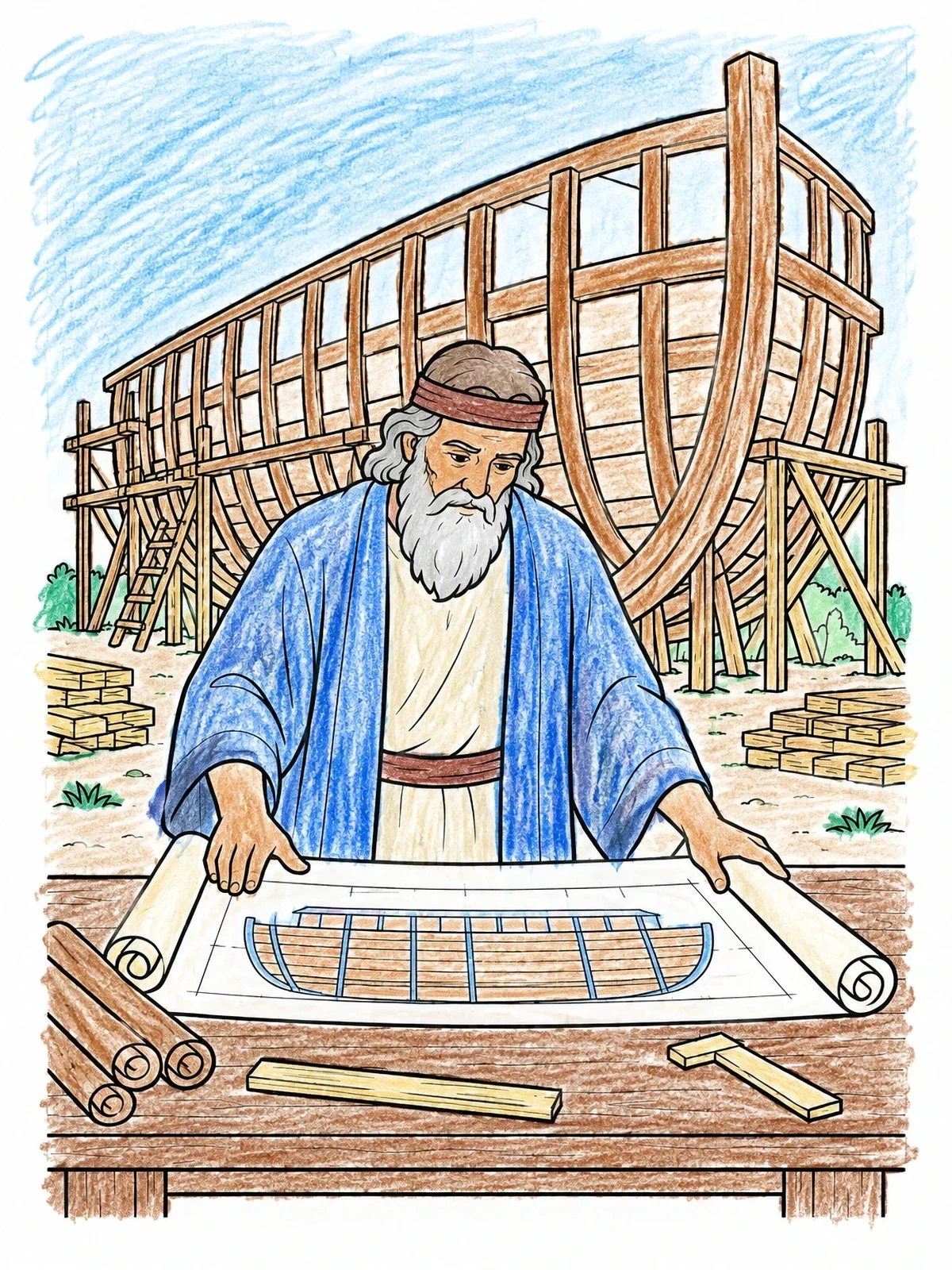 Colored example of the Noah Planning The Ark Construction coloring page