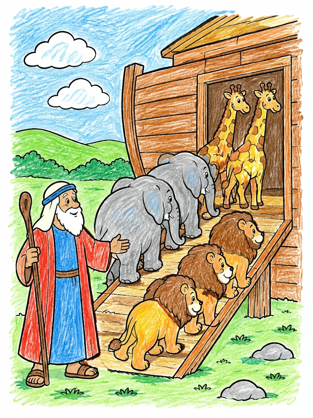 Colored example of the Noah Welcoming Animals Into The Ark coloring page