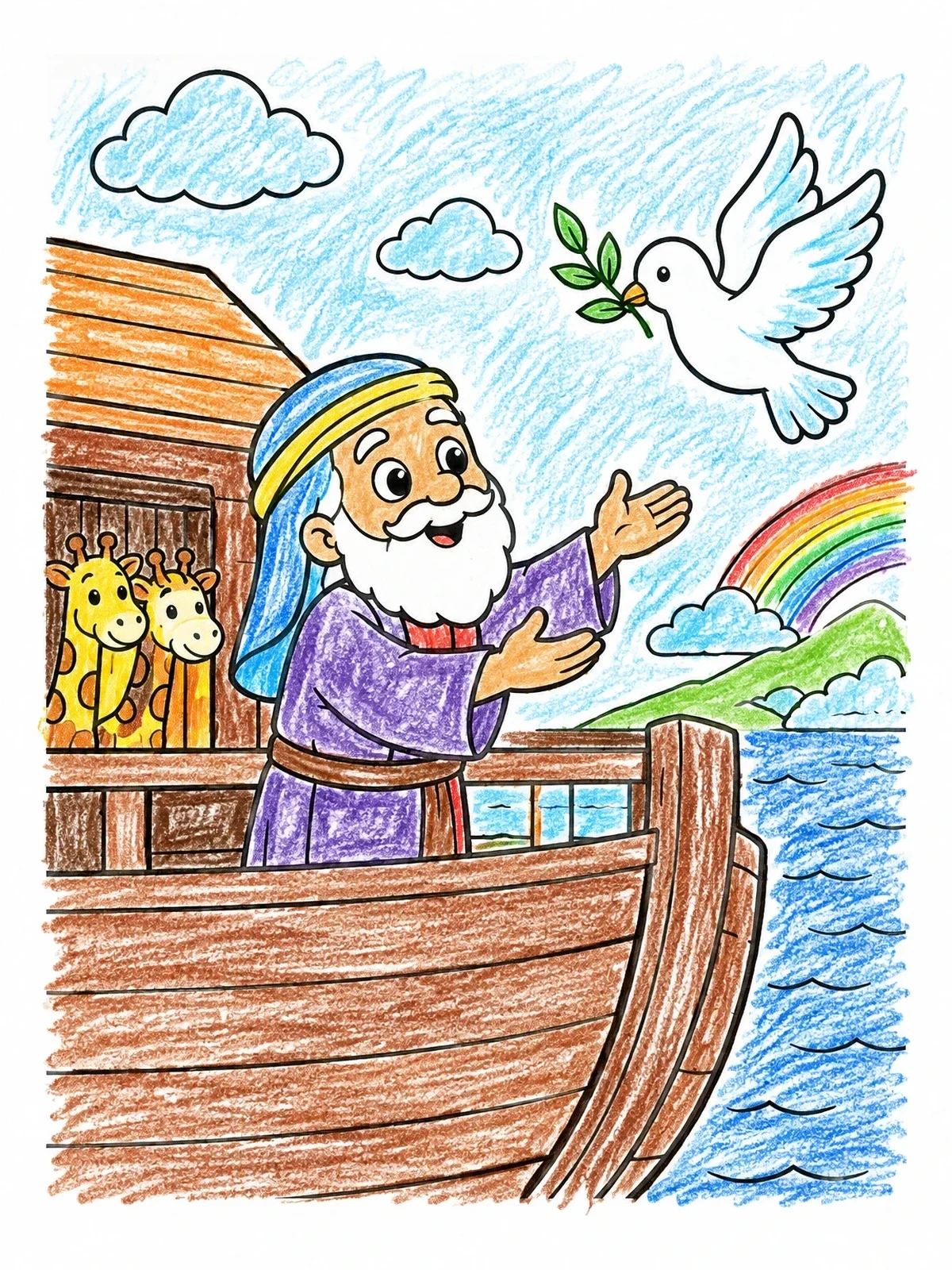 Colored example of the Noah Welcoming Dove With Olive Branch coloring page