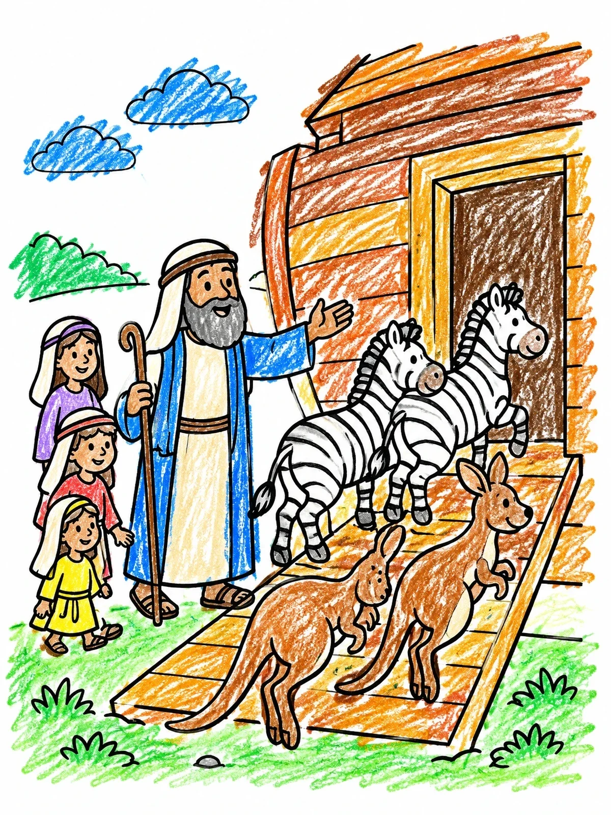 Colored example of the Noah Welcoming Zebras And Kangaroos coloring page