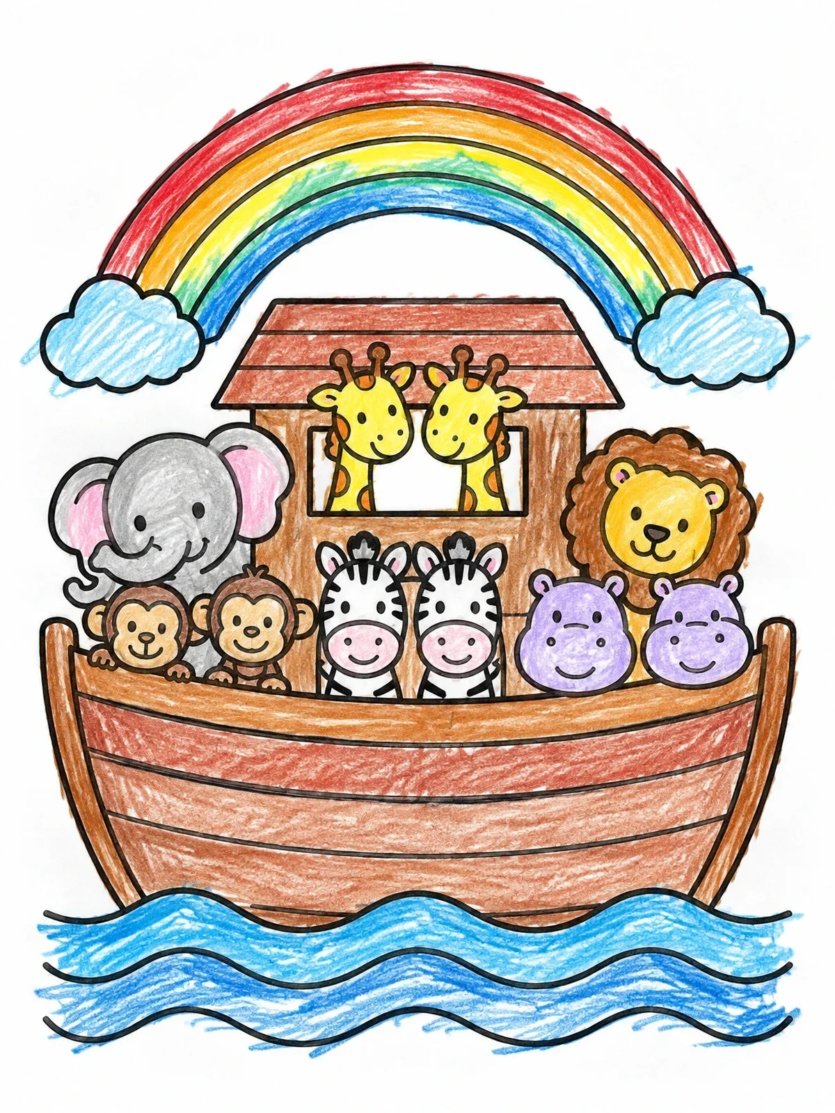 Colored example of the Noah's Ark With Friendly Animals coloring page