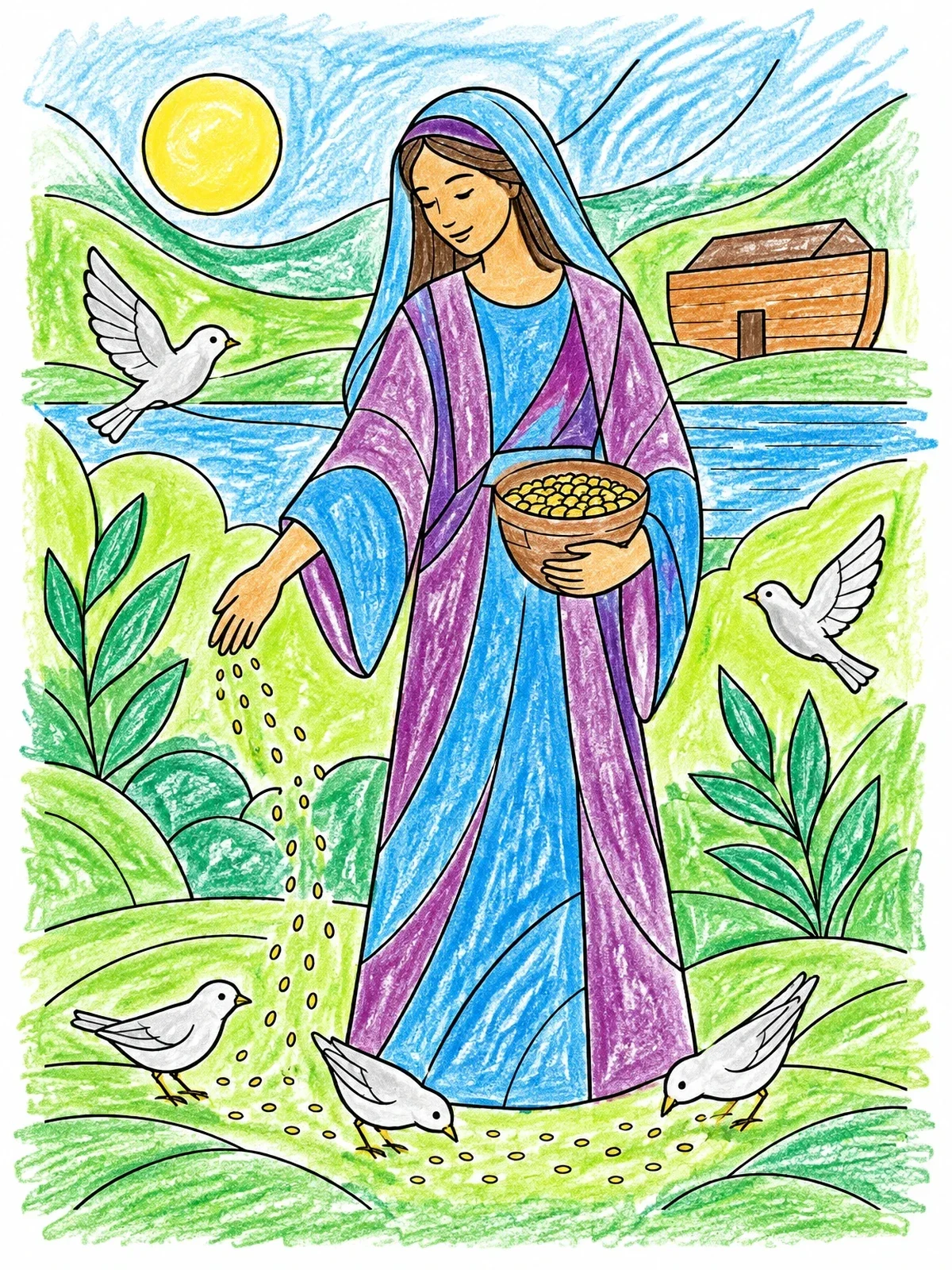 Colored example of the Noah's Wife Feeding Birds Near Ark coloring page