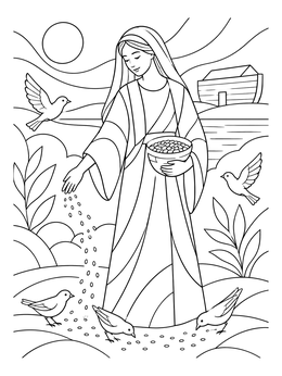 Noah's Wife Feeding Birds Near Ark coloring page