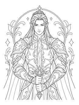 An armored male elf holding a sword vertically in this detailed elf coloring page.