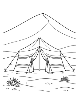 A desert coloring page featuring a traditional tent set against tall rolling sand dunes.