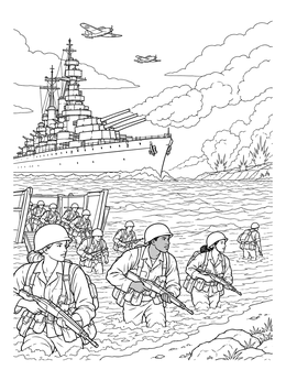 Soldiers wade ashore under naval gunfire in this detailed d day coloring page.