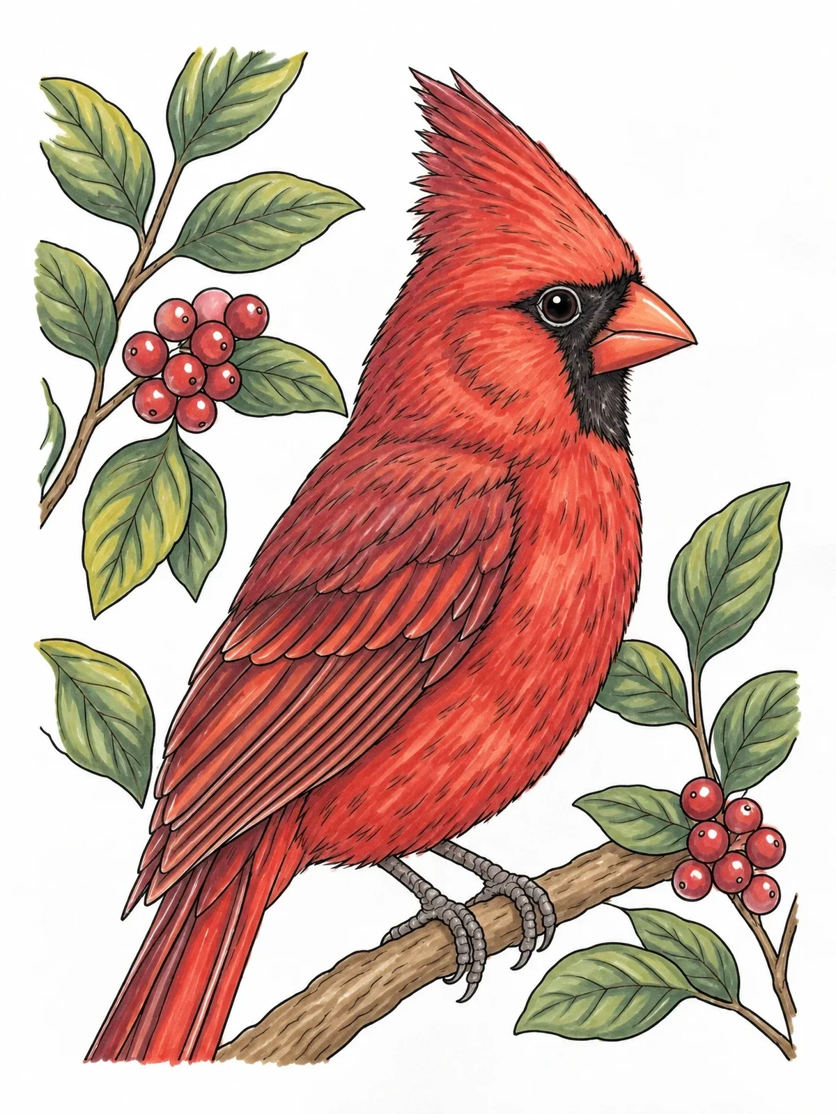 Colored example of the Northern Cardinal On Berry Branch coloring page