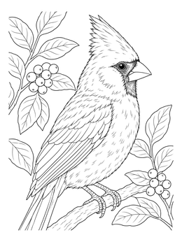 A detailed cardinal coloring page perched gracefully on a leafy berry branch.