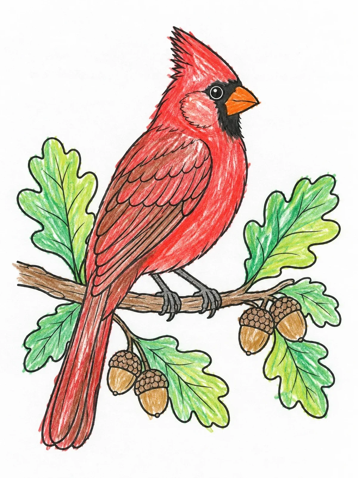 Colored example of the Northern Cardinal On Oak Branch coloring page