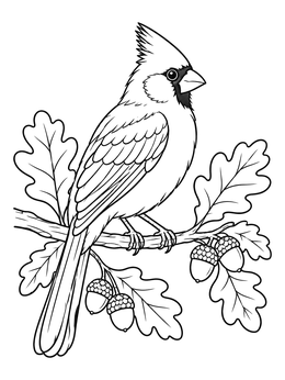 A detailed cardinal coloring page showing a northern cardinal perched on an oak branch with acorns.