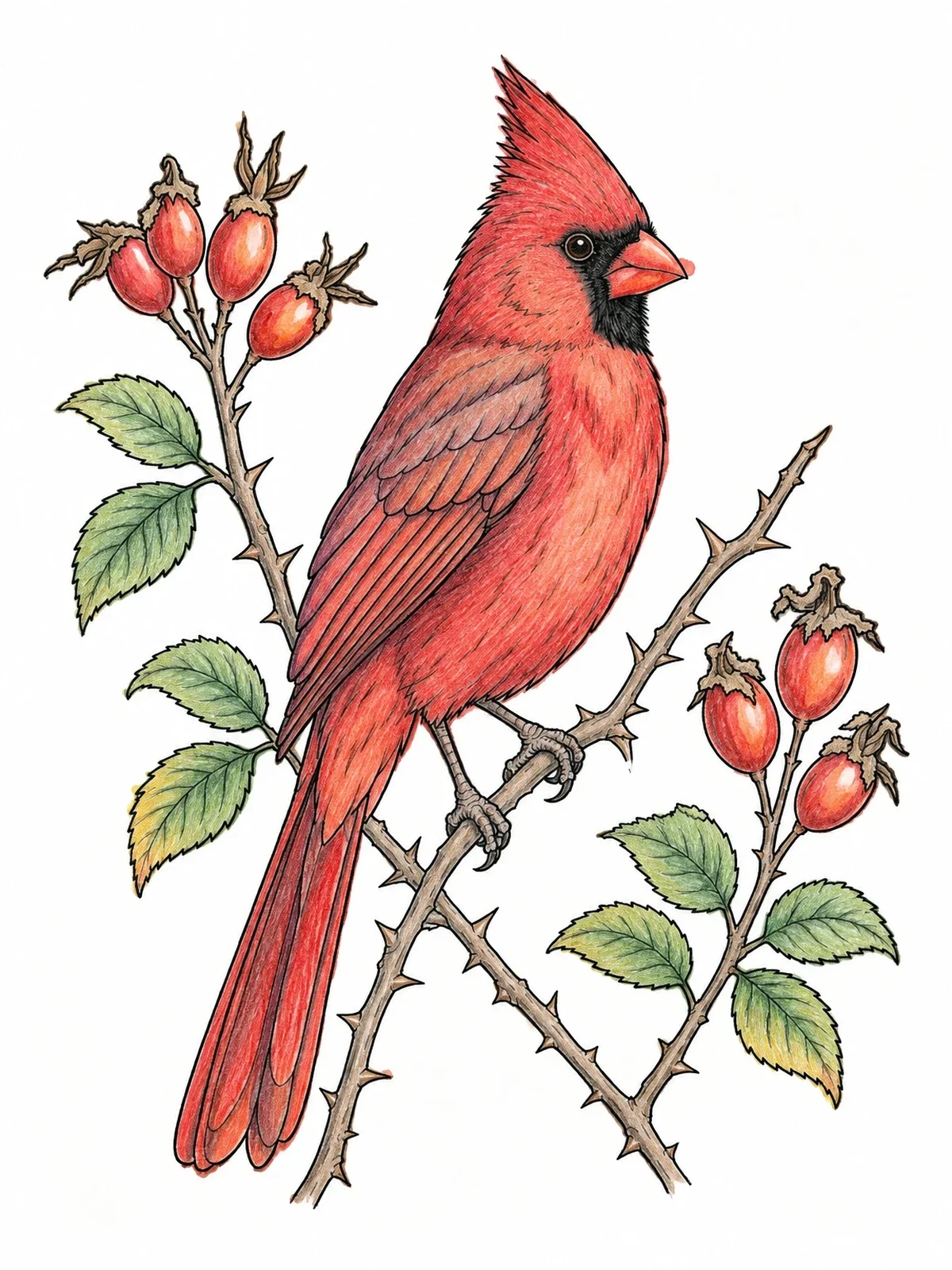 Colored example of the Northern Cardinal On Rose Hip Branch coloring page
