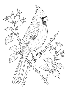 A detailed cardinal coloring page showing the crested songbird perched among thorny rose hips.