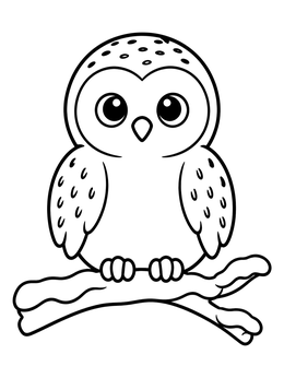 Cute northern lights coloring page showing a round owl perched on a snowy tree branch.