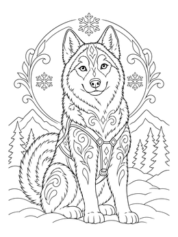 A fluffy sled dog sitting in snow features in this northern lights coloring page.