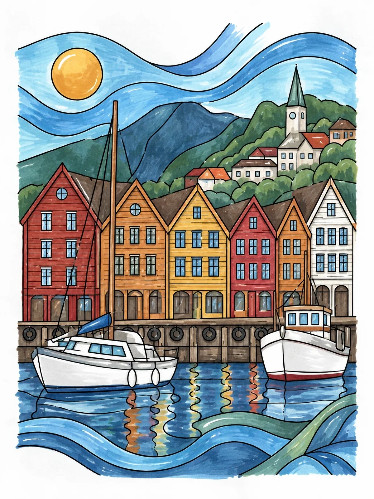 Colored example of the Bryggen Waterfront In Bergen Harbor coloring page