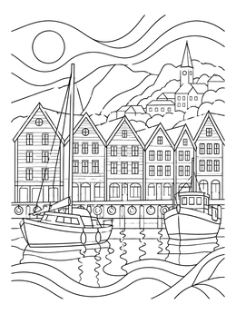 A norway coloring page showcasing the iconic wooden waterfront buildings and boats in Bergen harbor.