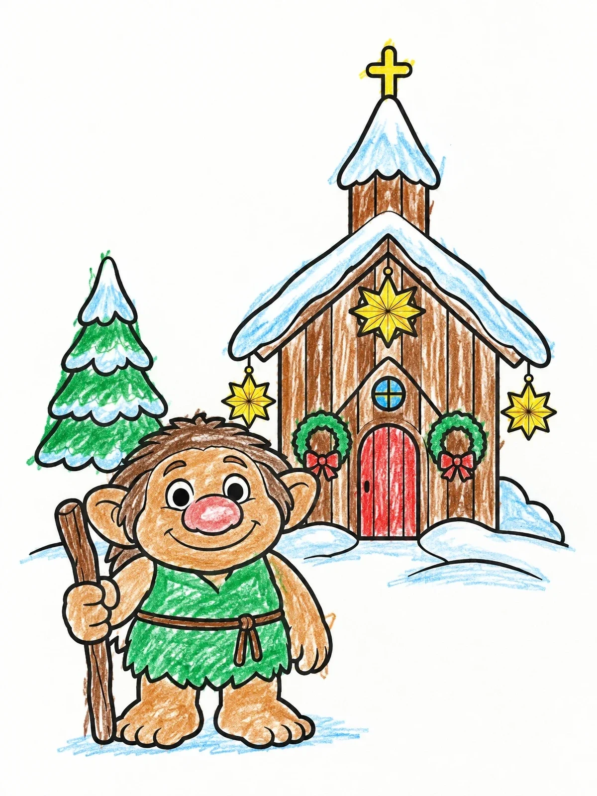 Colored example of the Friendly Troll By A Wooden Church coloring page