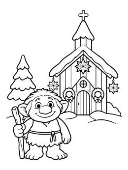 Free printable Friendly Troll By A Wooden Church coloring page