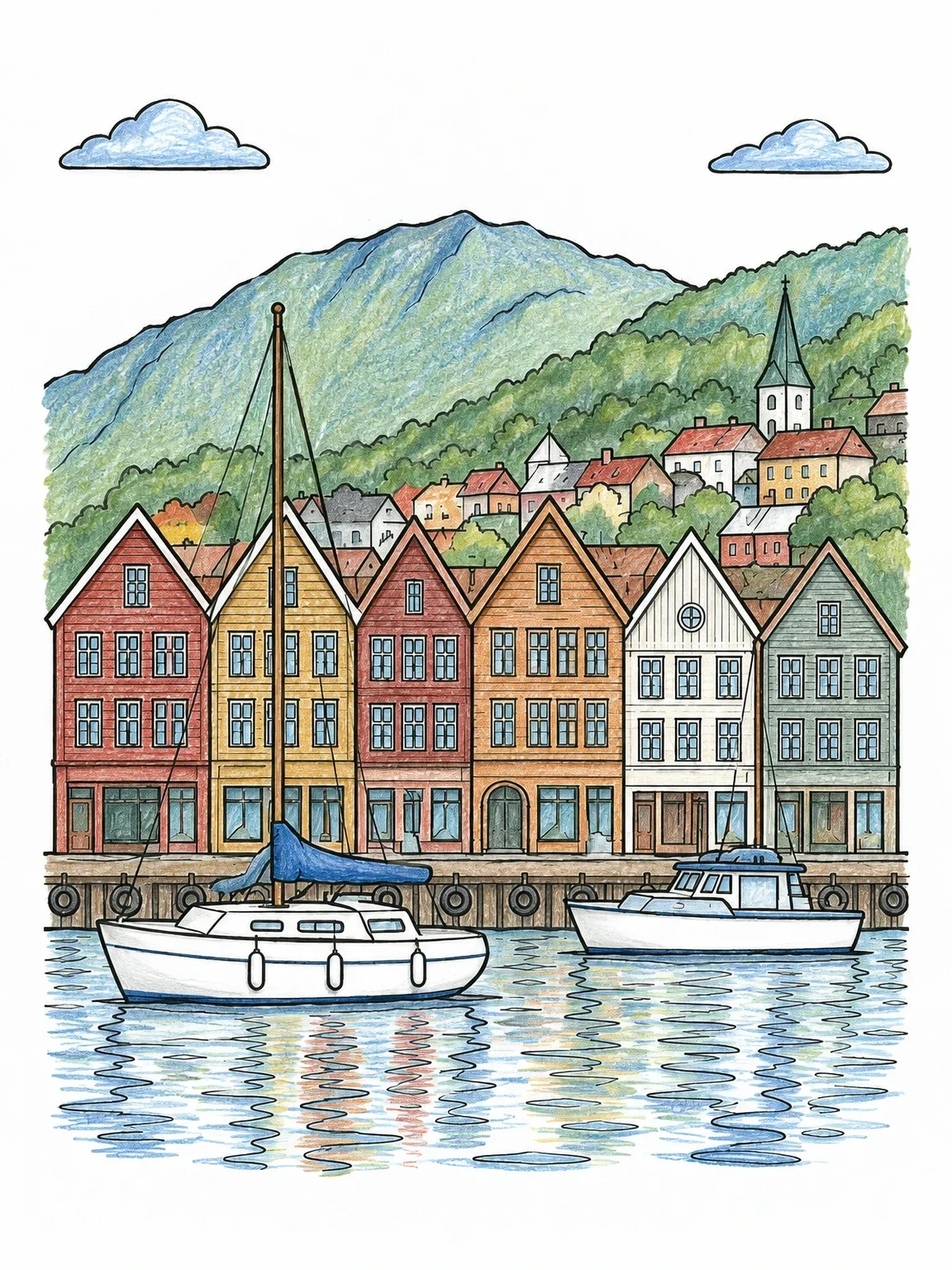 Colored example of the Historic Bryggen Harbor In Bergen coloring page