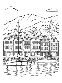 Free printable Historic Bryggen Harbor In Bergen coloring page