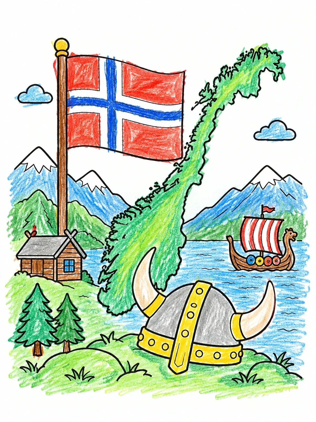 Colored example of the Norway Map, Flag, And Viking Symbols coloring page
