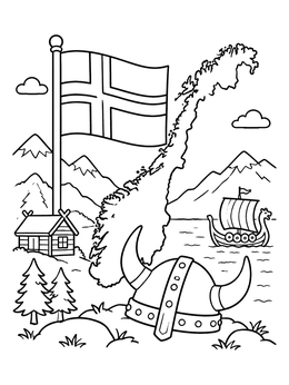 Free printable Norway Map, Flag, And Viking Symbols coloring page