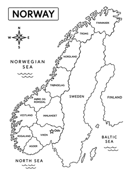 A detailed norway coloring page displaying regional counties, surrounding seas, and the capital Oslo.