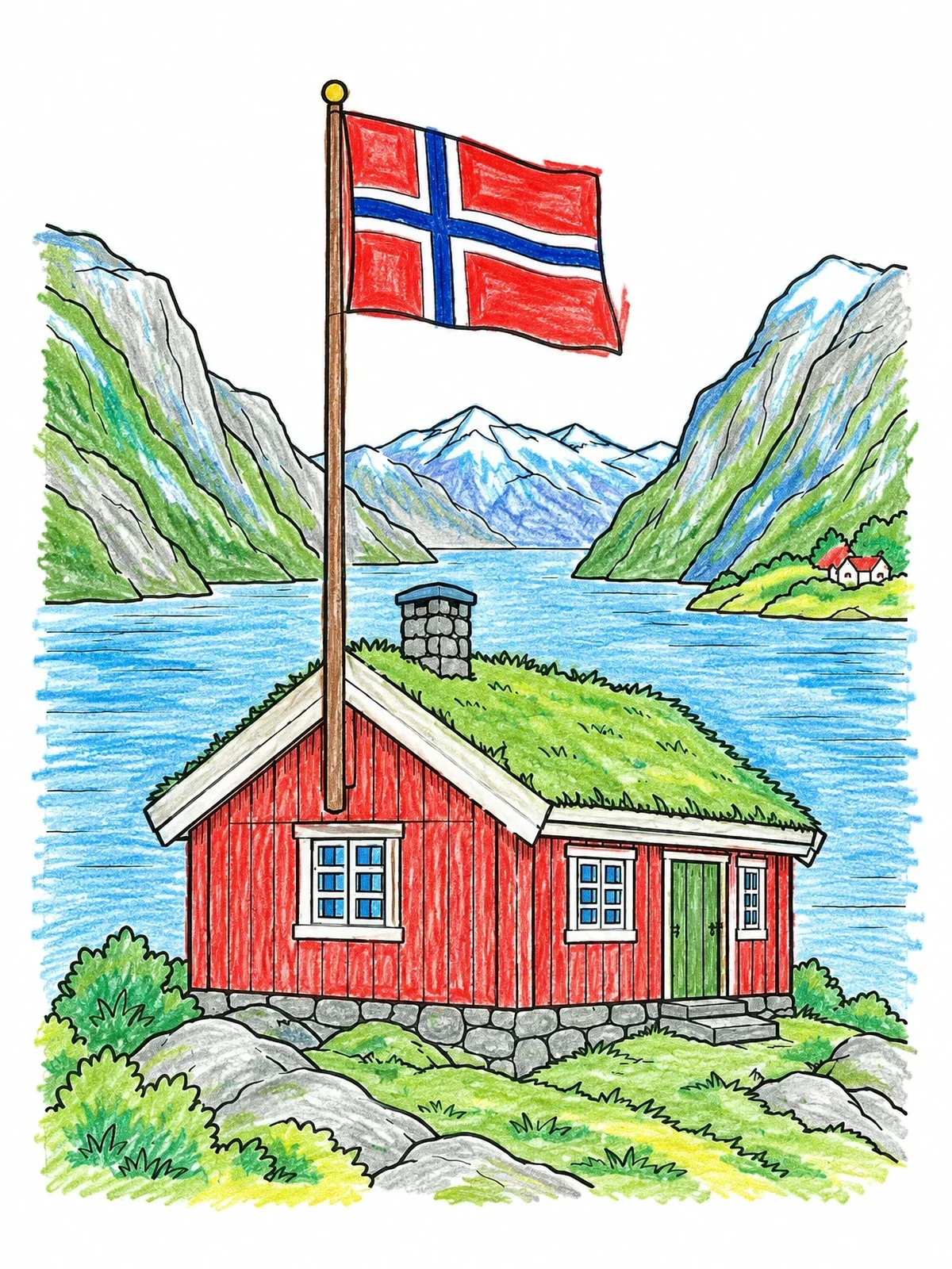 Colored example of the Norwegian Cabin By The Fjord coloring page