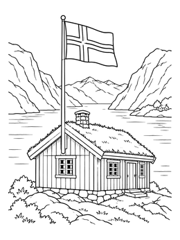 A peaceful norway coloring page showing a traditional sod-roof cabin and flag near a fjord.