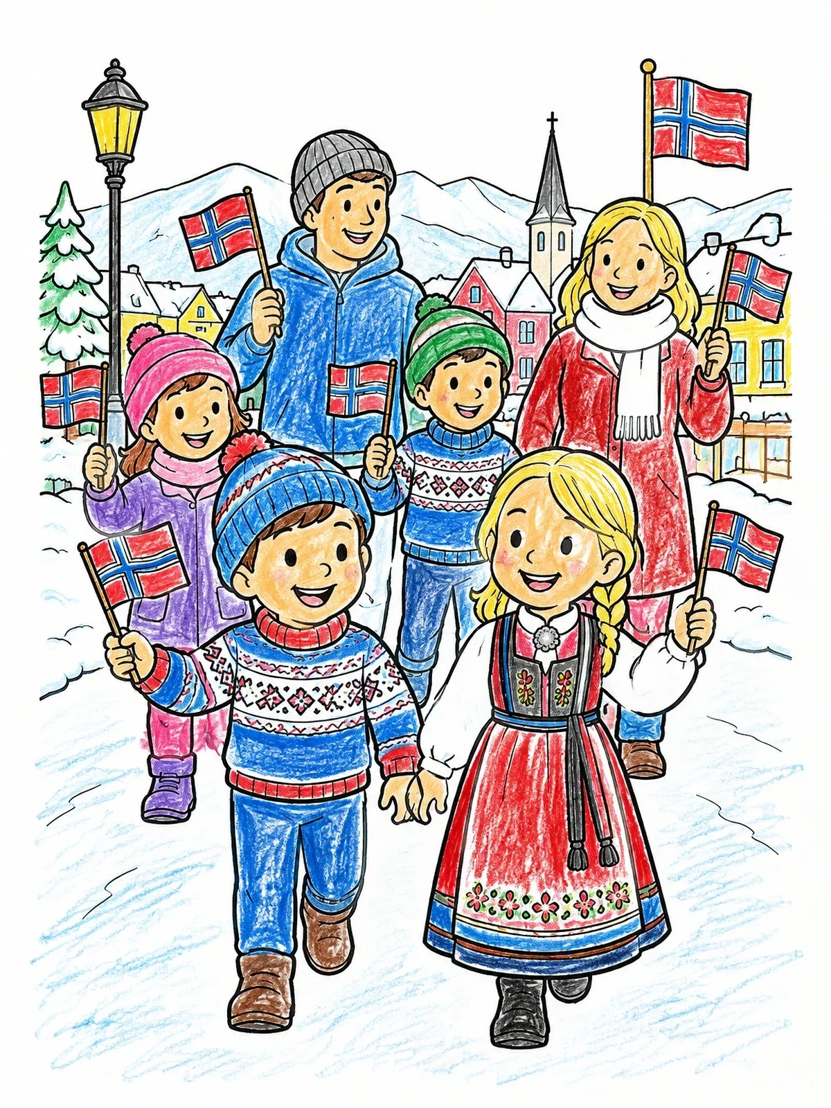 Colored example of the Norwegian Family Constitution Day Parade coloring page
