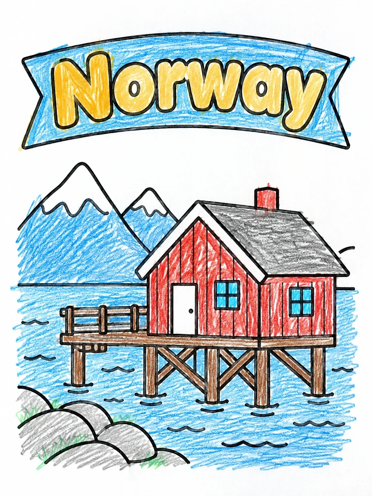 Colored example of the Traditional Norwegian Fisherman Cabin By Water coloring page
