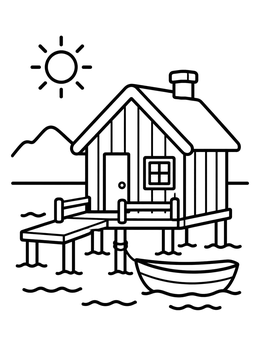 Free printable Cozy Fisherman Hut On Water coloring page