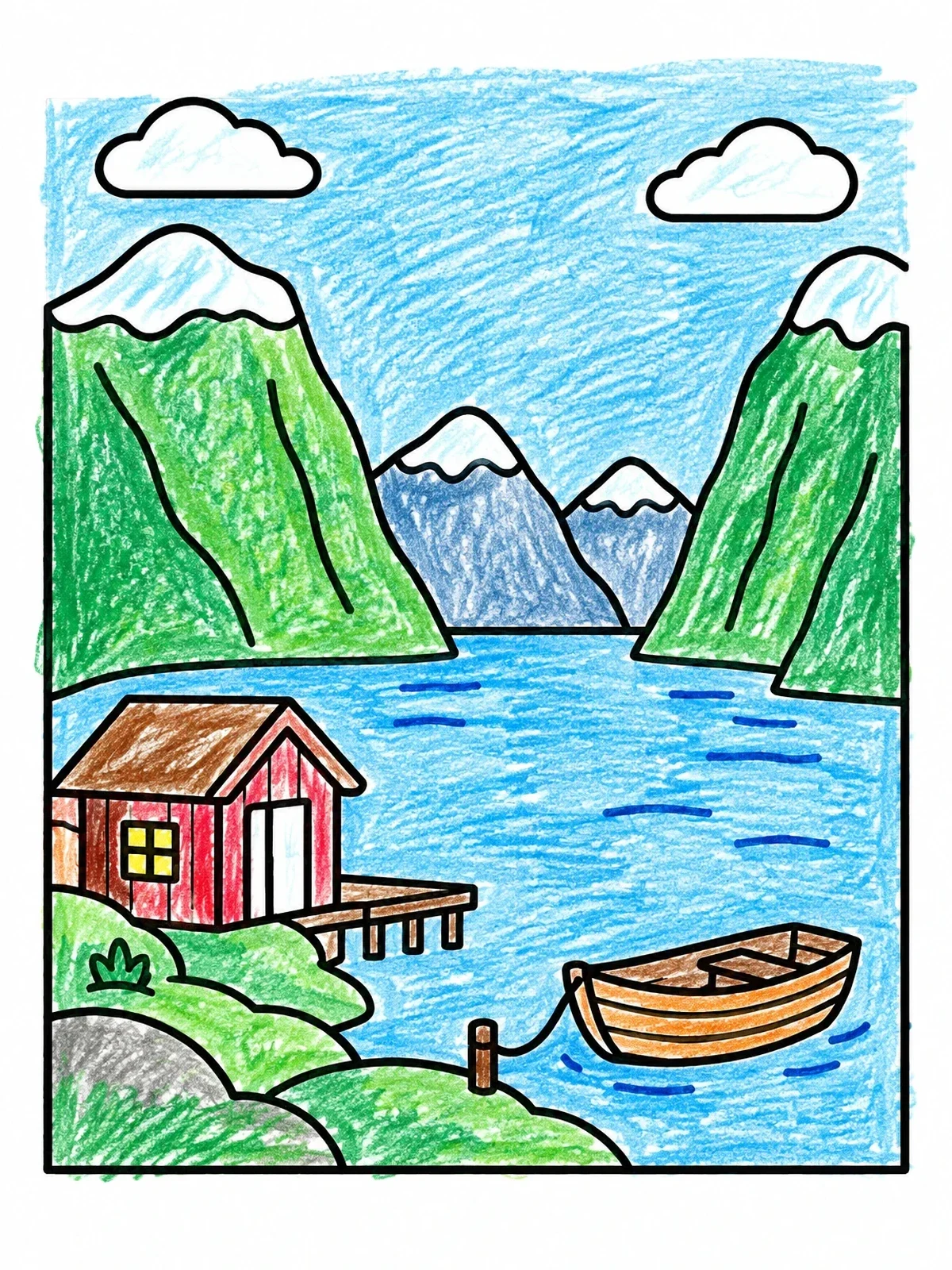 Colored example of the Norwegian Fjord With Wooden Cabin coloring page