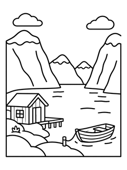 Free printable Norwegian Fjord With Wooden Cabin coloring page