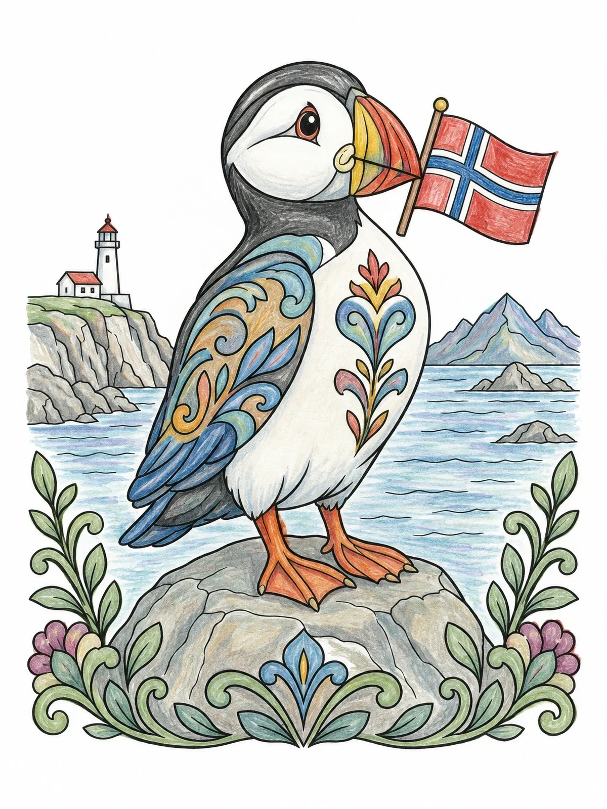 Colored example of the Norwegian Puffin On Coastal Rock coloring page
