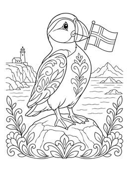 A decorative norway coloring page showing a puffin with a flag by the sea.