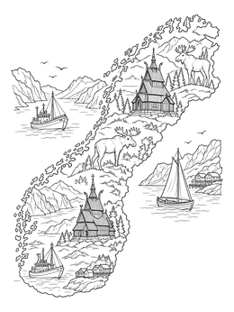 A detailed norway coloring page shaped like the country featuring stave churches, moose, and coastal boats.