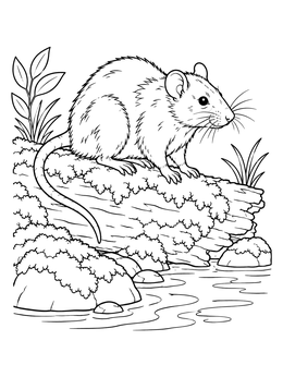 A detailed rat coloring page featuring a wild rat perched on a fallen log beside a stream.