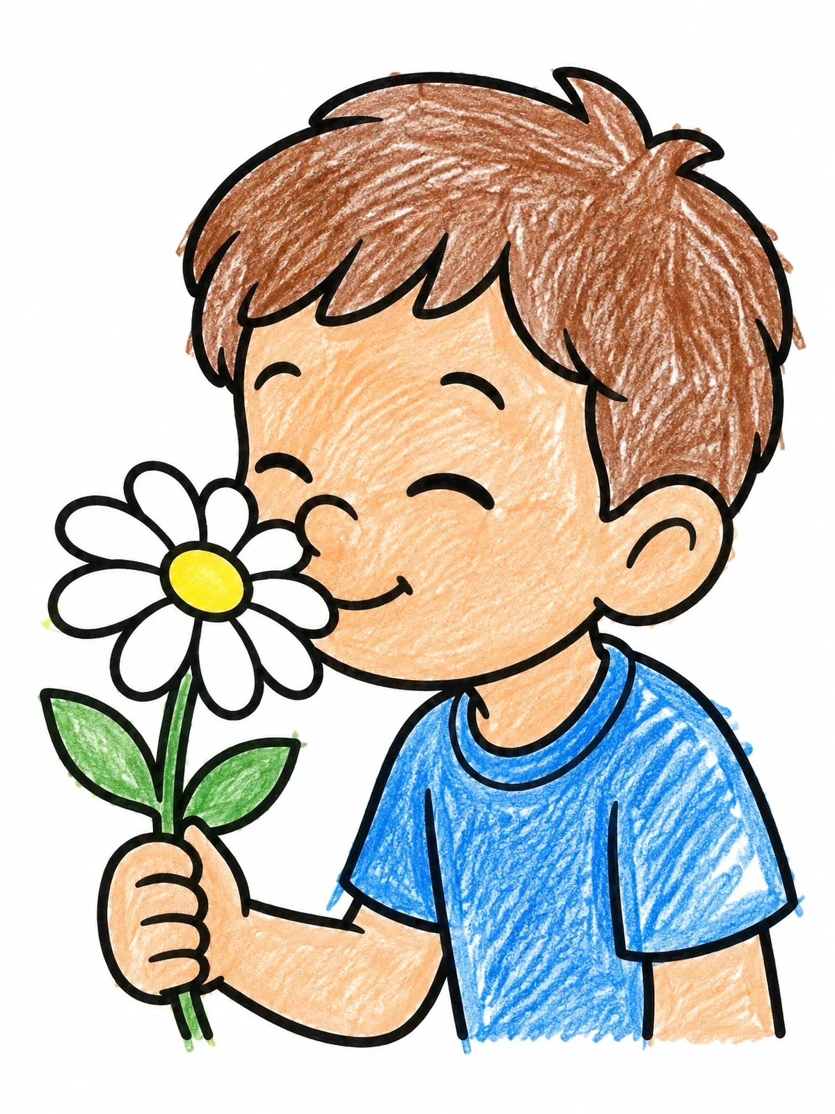 Colored example of the Boy Smelling A Daisy Flower coloring page