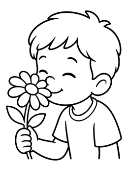 Free printable Boy Smelling A Daisy Flower coloring page