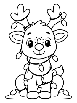 A cute cartoon reindeer tangled in string lights on this fun nose coloring page.