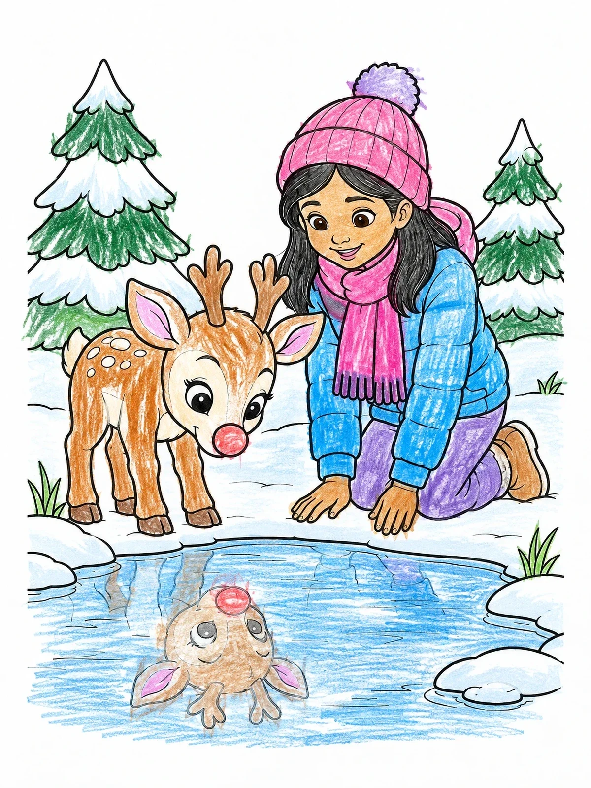 Colored example of the Reindeer And Girl By Frozen Pond coloring page