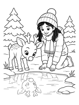A girl and a baby deer look at its nose reflection in this nose coloring page.