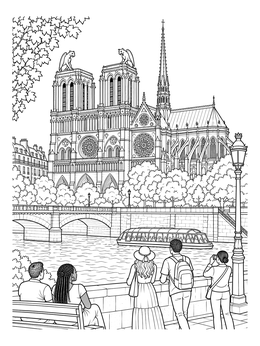 A scenic paris coloring page showing tourists admiring Notre-Dame Cathedral across the Seine River.
