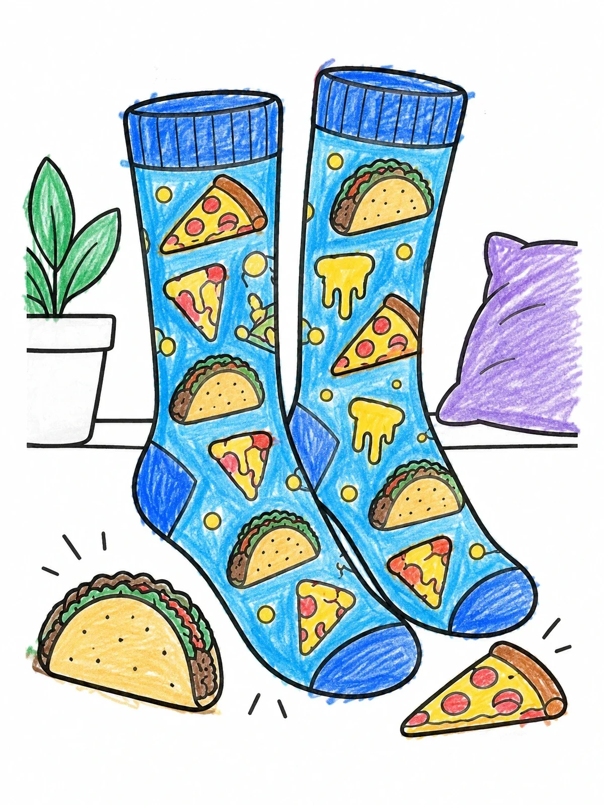 Colored example of the Novelty Pizza And Taco Socks coloring page