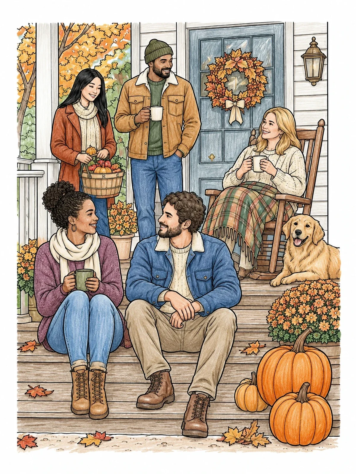 Colored example of the Autumn Gathering On The Front Porch coloring page