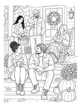 Free printable Autumn Gathering On The Front Porch coloring page
