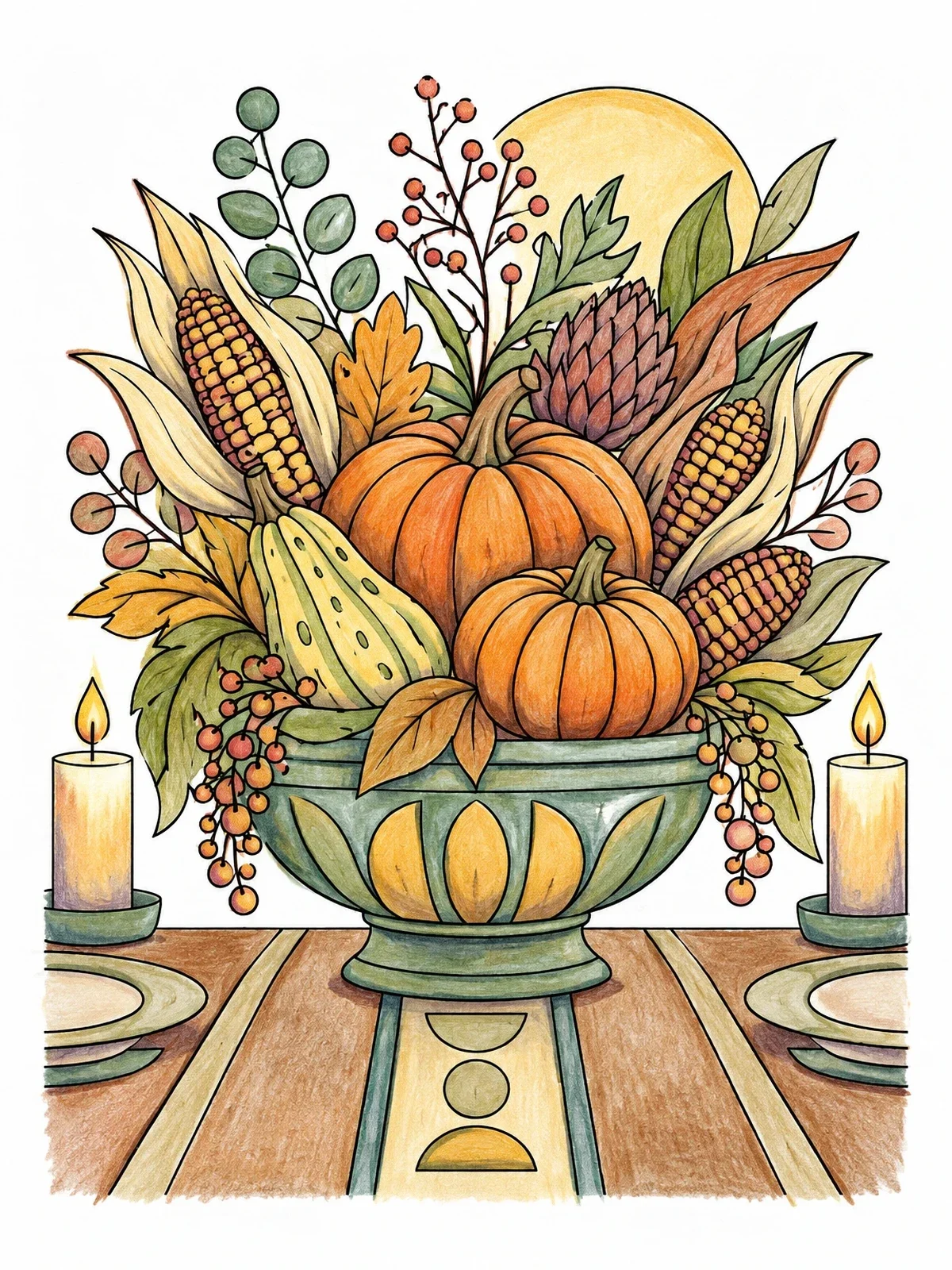 Colored example of the Autumn Harvest Table Centerpiece coloring page
